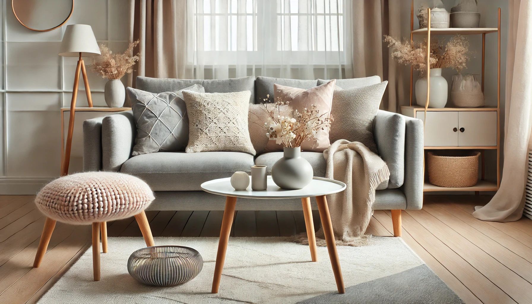 DALL·E 2025-01-01 12.33.05 - A beautifully styled home decor setting showcasing a cozy living room with a Scandinavian theme. It features a modern gray couch with neutral-toned th